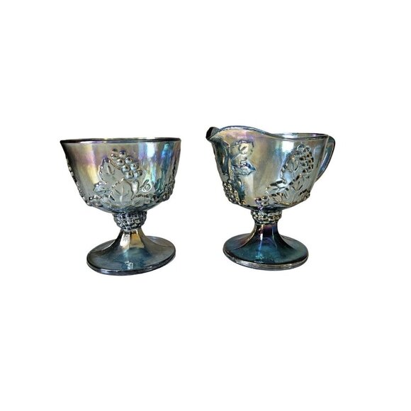 Indiana Harvest Grape Blue Carnival Glass Set of Sugar, Creamer, and Tray - Picture 7 of 10